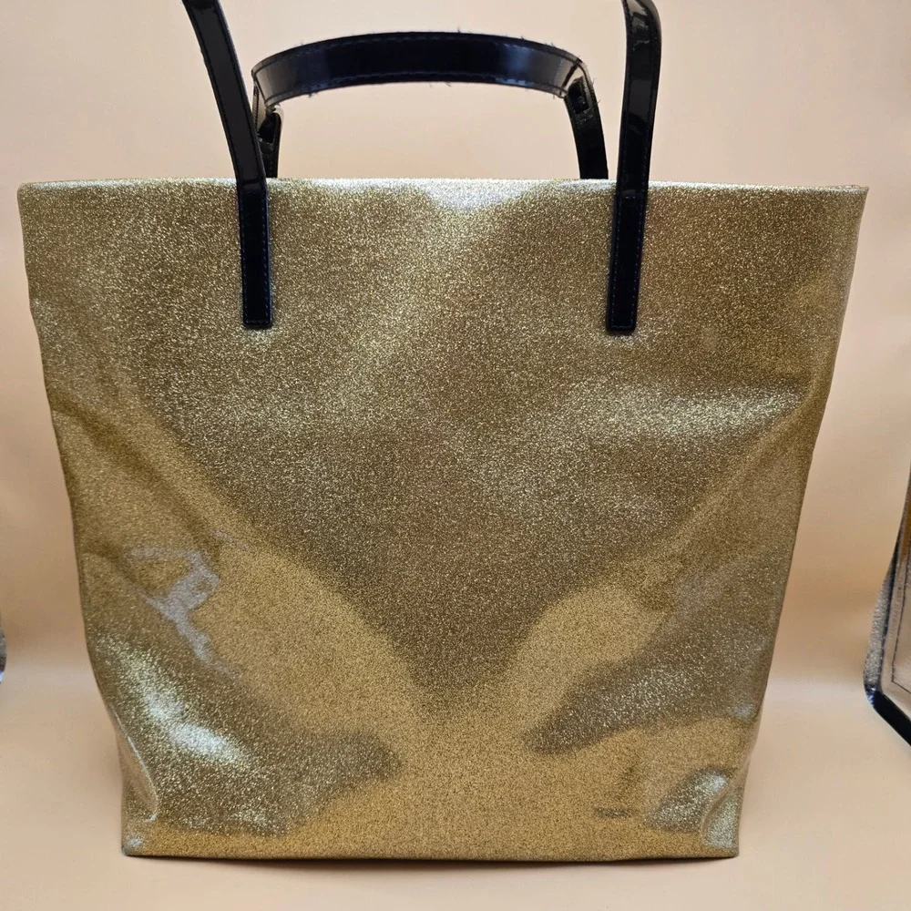 Kate Spade Live Colorfully Gold Glitter Tote Bag Black Patent Handles Large